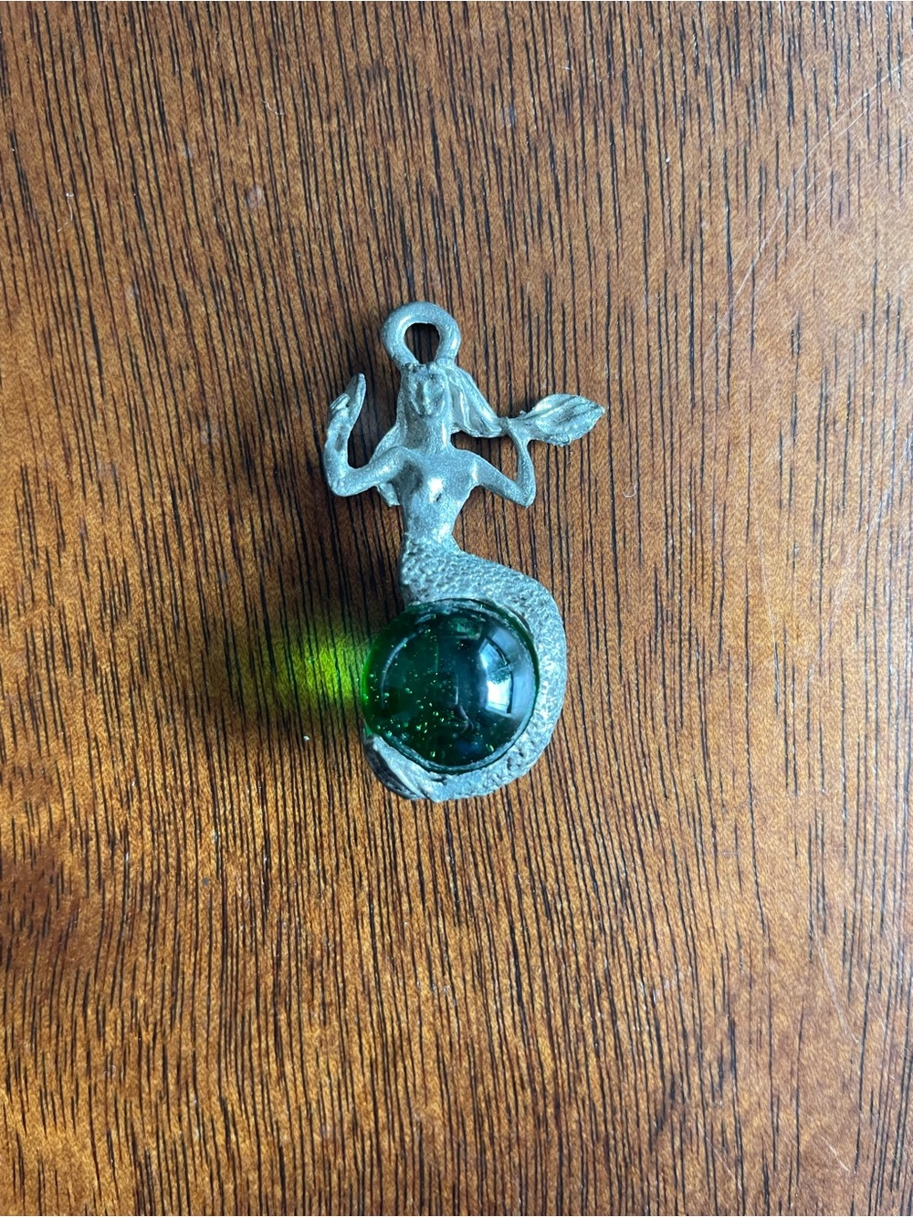 Silver Tone Mermaid Pendant with Green Glass Ball Sea Life Boat Ocean Nautical